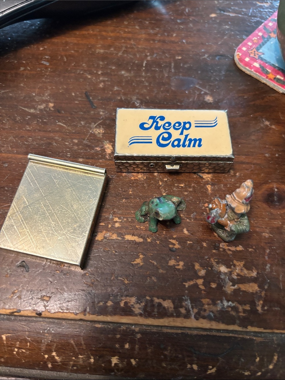 Keep Calm vintage pill box- Cream & Blue Enamel Top, plain pill & two miniature